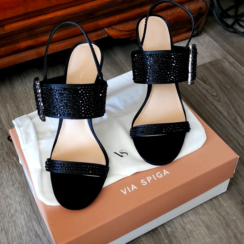 Via Spiga Black Strappy Heels with Sparkle